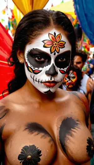 (best quality), (masterpiece, realistic, photo-realistic:1.1), (((War paint, Mexican day of death war paint, Mexican face paint))), ((Mexican carnival street with many many carnival peoples in background)), (((dark skinned mulatto naked girl age 18, naked))), brunette hair, long hair, amazing hair, mulatto face, face is realistic, bright olive eyes, ultra-detailed, professional photography, photo-realism, skin is high quality, gigantic knockers, very large tits, voluptuous figure, cute tall, pretty face, realistic, huge areola, attractive hot woman with hot bust, aerial view, boobs focus