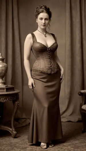 {art-noveau-room, 1890s style}, [(rotund woman), , , 40 years old, natural face], [(wide hips, soft breasts), , , pale skin, 1890s hairstyle, 1890s high-heeled sandals, 1890s outfit], {posing gestures}, ((full body portrait, realistic photography, 1890s photo, sepia-monochrome))