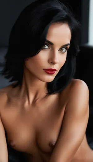 ziprealism, (sensual woman, seductive pose, soft mischievous smirk, sparkling eyes, smug expression, angular facial features, high chiseled cheekbones, strong jawline:1.2), (topless, nude, small perky breasts:1.6), (glossy hair, jet black hair, long silky hair:1.8), (shocking red lipstick, full lips, smokey eyes, bold eyeliner), (warm natural lighting, shallow depth of field, strong saturation, vintage analog lens, Dutch Angle, focus on eyes, closeup:1.2), (goosebumps, vellus hairs, perfect eyes:.4), (natural skin texture, maximum quality skin texture, RAW photography, uncompressed:.4), (cozy bedroom, large comfortable bed)