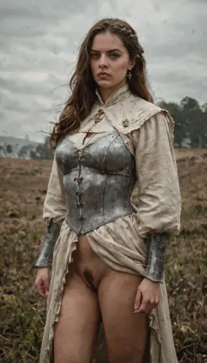 female medieval crusader, large breasts, pubic hair, wearing detailed heavy armor with a crusader cross surcoat, weathered and battle-worn armor, standing in a medieval battlefield, realistic facial features, determined expression, action pose, cinematic lighting, muted earthy tones, overcast sky, high detail, historical realism, photo-realistic, medieval Europe setting, aged photograph look, 13th century aesthetic, vintage texture, soft film grain, natural lighting, shallow depth of field, detailed face, detailed eyes, detailed hair, detailed body, detailed skin, detailed breasts, detailed pussy