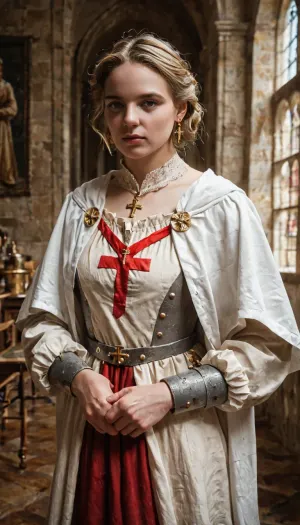 female medieval crusader, 13th century style, wearing a white surcoat with a red cross, armor beneath, standing before a worn stone fortress, golden late afternoon light, solemn expression, painterly brushstrokes, cracked paint texture, aged canvas, muted earthy tones, detailed medieval armor, soft chiaroscuro lighting, historical accuracy, fine detail, renaissance oil painting style, fresco texture, old parchment aesthetic, museum quality, antique realism