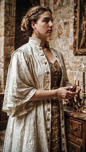 female medieval crusader, 13th century style, wearing a white surcoat with a red cross, armor beneath, standing before a worn stone fortress, golden late afternoon light, solemn expression, painterly brushstrokes, cracked paint texture, aged canvas, muted earthy tones, detailed medieval armor, soft chiaroscuro lighting, historical accuracy, fine detail, renaissance oil painting style, fresco texture, old parchment aesthetic, museum quality, antique realism, perfect hands and fingers, detailed face, detailed eyes, detailed hair, detailed body, detailed skin, detailed breasts, detailed pussy