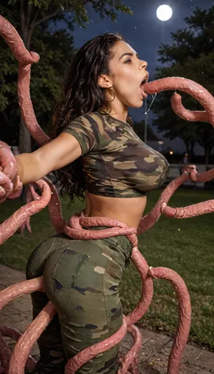 (Hot sexy female soldier latina:1.3), (((wearing skintight camouflage shirt, army pants, perfect booty))), Captive, restrained arms on her back legs outstretched by tentacles, (((in the park at night))), view from behind, phat curved ass, (((multiple tentacles around her body restraining her arms and waist))), (screaming loud:1.5), big curvy figure, lift leg slightly up on wall, hand on hip/butt, (black blonde frizzy long hair:1.3), tentacle rips her top, pants torned to shreds, torture, captive, tan skin, tanned skin, vintage, extremely beautiful, perfect face and eyes, realistic eyes, focused eyes, perfect hands and fingers, (big boobs:1.4), ultra realistic, masterpiece, best quality, high definition, (((perfect display of tentacle attack))), ((Ultimate realistic photo)), (((dynamic sexy pose))), (((bright sunlight))), (pants shirt torned to shreds:1.5), tentacle gangbang, tentacle rape pussy violently, ((tentacle blowjob deepthroat:1.5)), oral hard fucked, tentacle inside her mouth, (cum face:1), 1, raw, lighting, overexposed, harsh, flash, <lora:Rawfully Stylish v0.2_epoch_20:.4>, <lora:FF.102.colossusProjectXLSFW_49bExperimental.LORA:1.7>, <lora:PAseer-SDXL-AcceleratorLighting:.2>