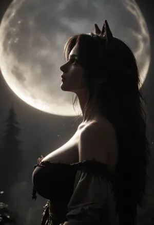 26 year old female, (wears tattered rags:1.6), massive breasts, skinny, clothes are ripped so shreds, standing in a forest, murky lighting, night, moon, profile view, full view, staring up at the moon, (head tilted very far back), (back heavily arched), howling at the moon, large wolf tail, tall wolf ears, cloudy, smoke, atmospheric, clouds, fog, torn, fly, down, at, _______, <lora:dark:.1>, <lora:Cloudy_Style:.7>, <lora:tornclothesv6-8:1.5>