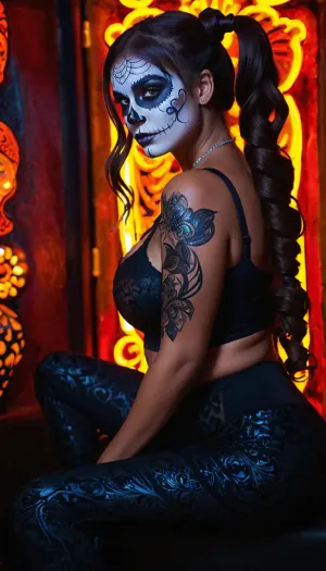 masterpiece, best quality, ultra high res, ultra detailed face, ultra detailed body, ((day of death face painting makeup)), 8k, beautiful, visually stunning, elegant, incredible details, award-winning painting, (dark art:1.1), deep shadow, (dark theme:1.2), n3on, full body, relaxed pose, large breasts, wide hips, lingerie, glowing, (leggings:1.3), long hair, twintails, babe, egirl, neon, lights, psychedelic, art, neon_outlines