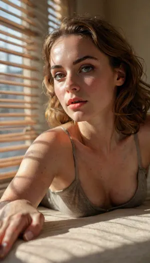 gorgeous nude woman in a bedroom, shadows, sunlight through blinds, lying on stomach, looking at viewer, close-up, but, downblouse, nipslip, <lora:style_lora_realis:2>, <lora:add-detail-xl:2>, <lora:BUT_SDXL_SHS:.4>, <lora:RealDownblouseXL2:.8>