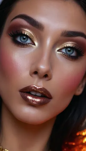 zip realism, (avant-garde fashion esthetic, glam, 90s inspired color palette, makeup model), (sensual pose, soft mischievous smirk, sparkling eyes, playful expression:1.2), (glossy hair, jet black hair, long silky hair:1.2), (high fashion makeup, bold makeup, vibrant makeup, metallic makeup:1.6), (warm natural lighting, shallow depth of field, strong saturation, Dutch Angle, focus on eyes, closeup:1.2), (goosebumps, vellus hairs, perfect eyes:.4), (natural skin texture, maximum quality skin texture, RAW photography, uncompressed:.4), (cozy bedroom, large comfortable bed)