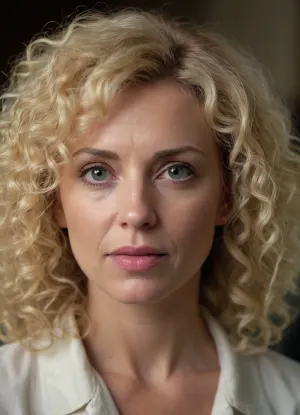 ultrarealistic, 8K HD, detailed woman 50-years old, (curly blond hair:1.4), close-up on her face