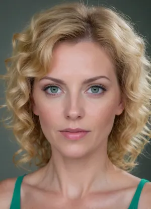 ultrarealistic, 8K HD, detailed woman 50-years old, (curly blond hair:1.4), close-up on her face, detailed face, detailed hair, thin eyebrows, light pink lipstick, (green eyes:1.5), detailed eyes, thin face, thin nose, eye bags