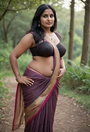 Large Indian woman with large breasts, dressed in a sari, one breast visible, dark brown mature skin, wrinkles, Indian woman standing in nature and waving at me, her extremely wide hips visible under the sari, perfect mature face, perfect shot, perfect lighting, one breast exposed, shiny black hip-length hair