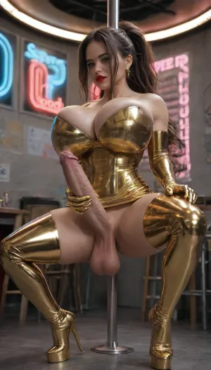 (sex shop), (neon lights attached to the walls), (big tits posters are on the walls), futanari on raised stage in a sex shop, (lots of neon lights), (lots of dildos lined up on the selves), (neon signs), (colorful neon lighting on the roof), (tables and chairs), seductive, pretty face, perfect make up, (she is jerking off her huge hard cock), (masturbating), (big erect cock), (huge penis), (pole dancing), (legs spread), light blue eyes, (very attractive face), (round face), (red lipstick), (wearing a skin-tight ultra reflective shiny gold latex short dress), (super shiny reflective metallic gold latex long gloves:1.5), (shiny metallic gold reflective latex front open to reveal huge cleavage), (shiny metallic gold garters), (shiny metallic gold thigh high boots with high heels:1.5), hourglass figure, (very long brown hair), (ponytail), (massive round breasts:1.5), (futanari full penis and balls sticking out of her dress:1.4), slim waist, muscular legs, (muscular abs), detailed penis, uncovered penis, (perfect hands), (close up view:1.5), neon lights in background