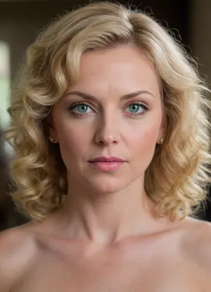 ultrarealistic, 8K HD, detailed woman 50-years old, (curly blond hair:1.4), close-up on her face, detailed face, detailed hair, thin eyebrows, light pink lipstick, (green eyes:1.5), detailed eyes