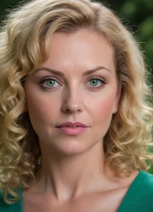ultrarealistic, 8K HD, detailed woman 50-years old, (curly blond hair:1.4), close-up on her face, detailed face, detailed hair, thin eyebrows, light pink lipstick, (green eyes:1.5), detailed eyes