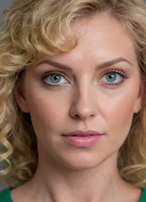 ultrarealistic, 8K HD, detailed woman 50-years old, (curly blond hair:1.4), close-up on her face, detailed face, detailed hair, thin eyebrows, light pink lipstick, (green eyes:1.5), detailed eyes, thin face