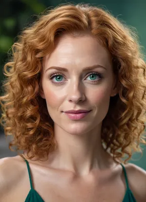 ultrarealistic, 8K HD, detailed woman 50-years old, (highly curly ginger hair:1.4), close-up on her face, detailed face, detailed hair, thin eyebrows, (thin lips:1.4), light pink lipstick, (emerald eyes:1.5), almond-shaped eyes, detailed eyes, thin face, thin nose, bags under the eyes, 3/4 view, smiling