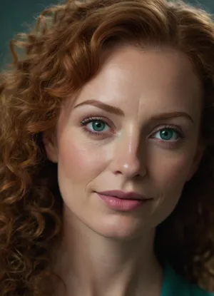 ultrarealistic, 8K HD, detailed woman 50-years old, (highly curly ginger hair:1.4), close-up on her face, detailed face, detailed hair, thin eyebrows, (thin lips:1.4), light pink lipstick, (emerald eyes:1.5), almond-shaped eyes, detailed eyes, thin face, thin nose, bags under the eyes, 3/4 view, smiling