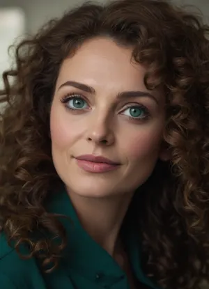 ultrarealistic, 8K HD, detailed woman 50-years old, (highly curly brown hair:1.4), close-up on her face, detailed face, detailed hair, thin eyebrows, (thin lips:1.4), light pink lipstick, (emerald eyes:1.5), almond-shaped eyes, detailed eyes, thin face, thin nose, bags under the eyes, 3/4 view, smiling