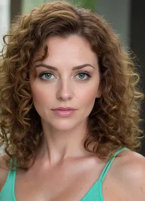 ultrarealistic, 8K HD, detailed woman 50-years old, (highly curly brown hair:1.4), close-up on her face, detailed face, detailed hair, thin eyebrows, light pink lipstick, (green eyes:1.5), detailed eyes, thin face, thin nose, bags under the eyes, 3/4 view