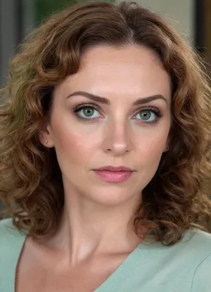 ultrarealistic, 8K HD, detailed woman 50-years old, (highly curly brown hair:1.4), close-up on her face, detailed face, detailed hair, thin eyebrows, (thin lips:1.4), light pink lipstick, (green eyes:1.5), detailed eyes, thin face, thin nose, bags under the eyes, 3/4 view