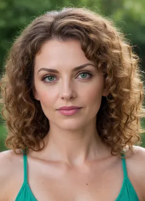 ultrarealistic, 8K HD, detailed woman 50-years old, (highly curly brown hair:1.4), close-up on her face, detailed face, detailed hair, thin eyebrows, (thin lips:1.4), light pink lipstick, (green eyes:1.5), almond-shaped eyes, detailed eyes, thin face, thin nose, bags under the eyes, 3/4 view