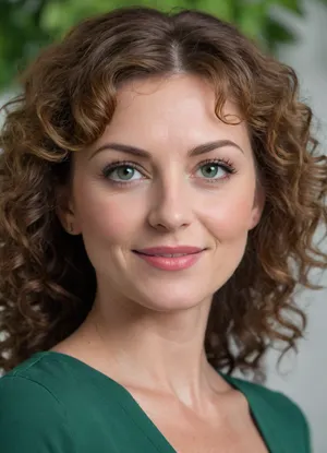 ultrarealistic, 8K HD, detailed woman 50-years old, (highly curly brown hair:1.4), close-up on her face, detailed face, detailed hair, thin eyebrows, (thin lips:1.4), light pink lipstick, (green eyes:1.5), almond-shaped eyes, detailed eyes, thin face, thin nose, bags under the eyes, 3/4 view, smiling