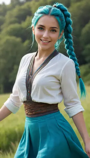 33 years old female, adult female, with turquoise hair tied in braids and turquoise highlights, bright blue eyes, smiling, in a dynamic pose, in motion, wearing a slightly translucent, blue, traditional clothing style, with details, in a bright, green grassy landscape against a background of rolling, wooded hills, in bright, friendly colors, detailed textures, with light blue and brown colors, radiant lighting conditions, anime character design, detailed body shapes, exceptional, athletic movement pattern, extra-highly detailed, END, /©KlTTY-ART/








/©KlTTY-ART/