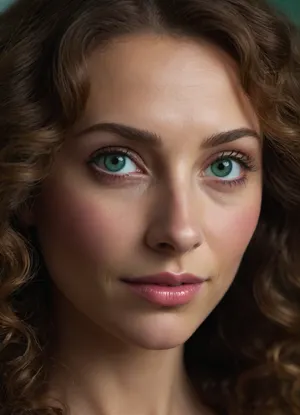 ultrarealistic, 8K HD, detailed woman 50-years old, (very long highly curly brown hair:1.4), close-up on her face, detailed face, detailed hair, thin eyebrows, (thin lips:1.4), light pink lipstick, (emerald eyes:1.5), almond-shaped eyes, detailed eyes, thin face, thin nose, 3/4 view, smiling