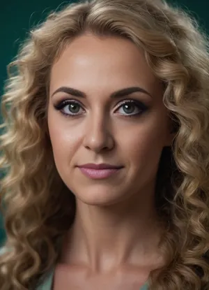 ultrarealistic, 8K HD, detailed woman 50-years old, (very long highly curly blond hair:1.4), close-up on her face, detailed face, detailed hair, thin eyebrows, (thin lips:1.4), light pink lipstick, (emerald eyes:1.5), almond-shaped eyes, detailed eyes, thin face, thin nose, 3/4 view, smiling