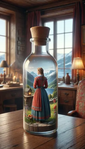 (one woman inside a bottle), desk, Traditional norway dress, <lora:ais-bttl-sdxl:2>