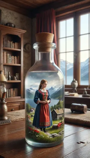 (one woman inside a bottle), desk, Traditional norway dress, <lora:ais-bttl-sdxl:2>