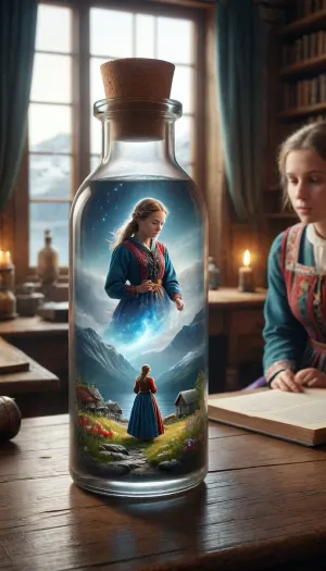 (one woman inside a bottle), desk, Traditional norway dress, <lora:ais-bttl-sdxl:2>