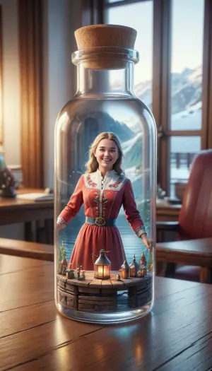 (one woman 30 inside a bottle), desk, Traditional norway dress, smiling, skirtlift, <lora:ais-bttl-sdxl:2>, <lora:skirtlift_xl:2>