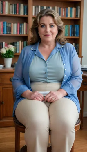 A busty, attractive Greek psychologist, mature, (obese), 60 years old, milf, dressed professionally in a modest yet slutty unbuttoned silk blouse and tailored silk highwaist pants that accentuate her curves. She is seated in a comfortable, well-lit office, adorned with cultural artifacts and soothing pastel colors that reflect her Mediterranean heritage. Her office is equipped with a large, mahogany desk, a plush chair for patients, and a cozy sofa where she sits, with a warm smile on her face and her arms raised gracefully above her ample chest. Behind her, diplomas and certificates from prestigious institutions line the walls, establishing her expertise and qualifications. She has a pen in hand, ready to jot down notes, and her attentive gaze is focused on the camera, offering a sense of empathy and understanding to the viewer. The room is filled with an aura of calmness and intellectualism, with bookshelves packed with psychology texts and journals, and a small potted plant adding a touch of nature to the environment. The psychologist's hair is styled in loose waves that frame her glowing complexion, and she wears minimal makeup, allowing her natural beauty to shine through. The composition is carefully balanced, with her figure as the central focus, conveying both her professionalism and approachability in a way that is respectful and captivating. Her body is very full figured with ample wide hips, and ample bust., (She is wearing a wedding ring with diamonds on her left hand), indicating that she is married. She is desperate for attention, and flirts with the viewer with her, (seductive captivating blue eyes), . Her legs are spread open, she has thick thighs., braless, Wearing, clothes, that, make, sense, with, Braless>, <lora:bralessSDXL_v1_00022:.8>