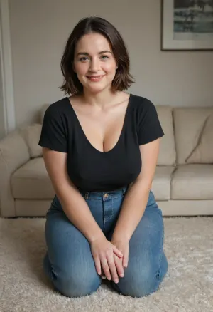 Very Obese 60 year old mature woman, (captivating eyes), sitting on a couch, in a living room, (small, not tall), (wide hips), big hips, brunette hair with gray roots, chubby round face, big smile, (capturing full body, happy expression), best quality, photorealism, masterpiece, tight highwaist blue jeans, lowcut v-neck black t-shirt tucked in, sagging, FUPA, braless, downblouse, nipslip, <lora:RealDownblouseXL2:.6>