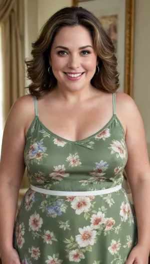 Very Obese 60 year old mature woman, bbw, gilf, (captivating eyes), dynamic pose, in a living room, (wide hips), big hips, light brunette hair with gray roots, chubby round face, big smile, (capturing full body, happy expression), best quality, photorealism, masterpiece, white spaghetti strap dress with blue floral print, sagging, FUPA, braless, Wearing, clothes, that, make, sense, with, Braless>, <lora:bralessSDXL_v1_00022:.4>, Photorealistic portrait, extremely high detail, studio lighting. A mature woman, late 50's with a warm, inviting, gentle smile creating soft lines around her eyes and mouth. Her face is oval to heart-shaped with a soft chin. Her skin is a medium, warm olive complexion with a natural glow, showing subtle age-related lines on her forehead and around her eyes.
Her eyes are the focal point, brilliant, captivating, vibrant olive green with intricate radial patterns and lighter flecks of gold/yellow-green radiating from dark, sharp, perfectly circular pupils. Natural, soft-curved eyelids with subtle crepiness. Natural, dark, medium-full eyelashes. Her eyebrows are well-defined, naturally arched, medium thickness, dark brown/soft black, framing her eyes. Her gaze is direct and friendly.
Her hair is medium length, past shoulders, with soft, voluminous waves/curls framing her face. The color is a striking, natural blend of dark charcoal grey and salt-and-pepper tones, with clear, bright white-grey streaks especially around temples and a slightly off-center part to her left. This contrasts beautifully with warmer medium-brown tones underneath and in lower lengths. Hair appears healthy, lustrous, with good body and movement, individual strands visible.
Her nose is medium, gently sloped with a slightly rounded tip. Cheeks are full, rounded, lifting with her smile, showing subtle contouring. Jawline is soft and gently curved. Full, well-defined lips in a rich, warm berry/plum shade with a soft, semi-matte finish, revealing evenly spaced white teeth in a broad, genuine smile. Subtle fine lines radiate from lip corners. A small portion of her left earlobe is visible, adorned with a slender, simple hoop earring.