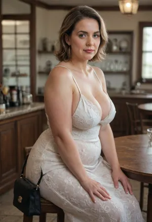 Side view, Full body view, (mature:1.5), Full figured obese 60 year old mature woman, bbw, sits at a table in a bar. She is wearing a low cut dress. Her pursestrap goes across her chest separating her breasts. Her breasts are natural, and soft. She facing the viewer, eye contact. She has beautiful, captivating eyes, light brunette with Carmel color highlights, medium hair. She has a seductive gaze., (Her face is round and chubby, mature), she has full, plump lips, and a big sexy mouth, sexy lipstick, flirting, thick, expressive eyebrows, detailed eyes, detailed skin, ultra realistic, photorealistic, detailed, black purse, purse strap between her breasts, cleavage, white dress with blue floral print, wrinkles, wrinkled skin