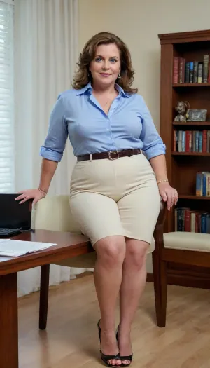 A busty, attractive Greek psychologist, mature, (obese), 60 years old, milf, her clothes are form fitting, dressed professionally in a modest yet slutty unbuttoned silk blouse and tailored silk highwaist pants that accentuate her curves. She is seated in a comfortable, well-lit office, adorned with cultural artifacts and soothing pastel colors that reflect her Mediterranean heritage. Her office is equipped with a large, mahogany desk, a plush chair for patients, and a cozy sofa where she sits, with a warm smile on her face and her arms raised gracefully above her ample chest. Behind her, diplomas and certificates from prestigious institutions line the walls, establishing her expertise and qualifications. She has a pen in hand, ready to jot down notes, and her attentive gaze is focused on the camera, offering a sense of empathy and understanding to the viewer. The room is filled with an aura of calmness and intellectualism, with bookshelves packed with psychology texts and journals, and a small potted plant adding a touch of nature to the environment. The psychologist's hair is styled in loose waves that frame her glowing complexion, and she wears minimal makeup, allowing her natural beauty to shine through. The composition is carefully balanced, with her figure as the central focus, conveying both her professionalism and approachability in a way that is respectful and captivating. Her body is very full figured with ample wide hips, and ample bust., (She is wearing a wedding ring with diamonds on her left hand), indicating that she is married. She is desperate for attention, and flirts with the viewer with her, (seductive captivating blue eyes), . Her legs are spread open, she has thick thighs., braless, Wearing, clothes, that, make, sense, with, Braless>, <lora:bralessSDXL_v1_00022:.8>