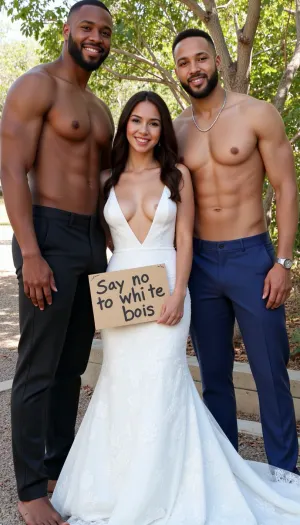 A young bride with super sultry extra deep v neck sheer wedding dress. poses with two giant super sexy super muscular black skin african male wedding guests of different age, diferent faces, different suitcolors. The bride holds a handmade sign with text "Say no to white bois".