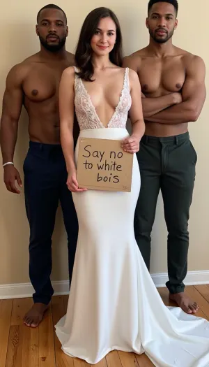 A young bride with super sultry extra deep v neck sheer wedding dress. poses with two giant super sexy super muscular black skin african male wedding guests of different age, diferent faces, different suitcolors. The bride holds a handmade sign with text "Say no to white bois"., <lora:BustyWomen-v3:.8>