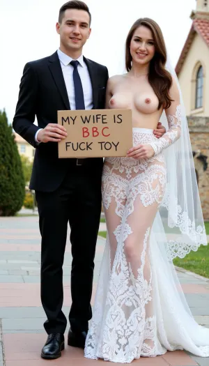 photo of a sexy iranian couple couple, persian super busty bride and groom, (ultra revealing super sexy sheer wedding dress:1.8), ., (she has super large breasts), . super sexy sheer ultra open deep v neck dress, and long lace wedding veil. on their wedding day in front of a church, smiling. Brown hair, The groom holds a handmade sign with text, "My wife is BBC Fuck Toy"., wedding, photo, groom, bride, <lora:female_beauty_v1_00:1.8>, <lora:wedding_photography_flux_lora:.8>