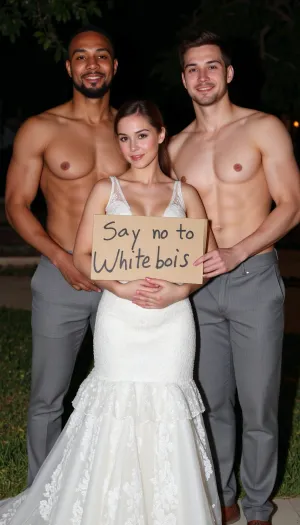 A young bride with super sultry extra deep v neck sheer wedding dress. poses with two giant super sexy super muscular black skin african male wedding guests of different age, diferent faces, different suitcolors. The bride holds a handmade sign with text "Say no to white bois"., <lora:BustyWomen-v3:.8>