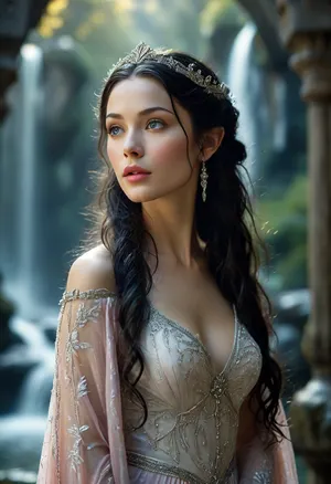 the stunningly beautiful Arwen Undómiel, Elven Princess of Rivendell, standing elegantly under the moonlight, surrounded by ancient Elven architecture and waterfalls, deep silver-blue eyes radiating wisdom and mystery, high cheekbones, delicate facial structure, flawless porcelain skin with a subtle ethereal glow, soft full pink lips slightly parted, long, loose and wavy jet-black hair cascading over her shoulders, illuminated by the heavenly glow, wearing an elegant flowing silver silk gown adorned with intricate Elven embroidery, wide ethereal sleeves falling gracefully, cinched at the waist with a delicate silver chain belt, Elven tiara resting upon her forehead, intricate filigree reflecting the moonlight, misty ambiance, <lora:MJ52:.8>