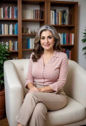 A busty, attractive Armenian psychologist, mature, 60 years old, gilf, dressed professionally in a modest yet elegant blouse and tailored pants that accentuate her curves. She is seated in a comfortable, well-lit office, adorned with cultural artifacts and soothing pastel colors that reflect her Armenian heritage. Her office is equipped with a large, mahogany desk, a plush chair for patients, and a cozy sofa where she sits, with a warm smile on her face and her arms raised gracefully above her ample chest. Behind her, diplomas and certificates from prestigious institutions line the walls, establishing her expertise and qualifications. She has a pen in hand, ready to jot down notes, and her attentive gaze is focused on the camera, offering a sense of empathy and understanding to the viewer. The room is filled with an aura of calmness and intellectualism, with bookshelves packed with psychology texts and journals, and a small potted plant adding a touch of nature to the environment. The psychologist's hair is styled in loose waves that frame her glowing complexion, and she wears minimal makeup, allowing her natural beauty to shine through. The composition is carefully balanced, with her figure as the central focus, conveying both her professionalism and approachability in a way that is respectful and captivating