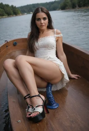 anal dildo, Photorealistic, wide angle, muscular legs, high-heeled woven sandals with laces, full body view, long brunette hair with a fringe, Cute girl, straight long hair, sits in a boat, river, shows upskirt pussy, Stable-Yogis-Makeup-Enhancer-XL, wearing, deep_v-neck_dress, cut-out, dress, <lora:BT_Front_Cut-Out_Dress_XL:.7>