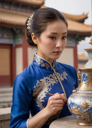 Chinese woman, 30s, painting a porcelain vase., (Dressed in a sapphire-blue silk qipao adorned with gold embroidery, she is focused), her dark eyes fixed on her work, (raw white porcelain vase with fine details visible), ., (Her skilled, gentle hands move with precision.), (Ceremonial courtyard of the palace, Forbidden City, Beijing, China), Full view of the palace in the background, (fine details, high contrast, great depth of field, presents an atmosphere of tranquility), . Sunlight streams in through the windows, casting soft shadows on the porcelain objects and enhancing the intricate details of the craftsmanship. The vase she is creating features dragon and phoenix designs in pastel hues. The style is realism, highlighting every tiny detail. The composition is a close-up, which focuses on the woman and her work, evoking a sense of serenity and China's rich cultural history., perfect, eyes, skin, blemish, detailed, Tattooist, <lora:polyhedron_all_sdxl-000004:.8>, <lora:artist_hands_SDXL:.8>