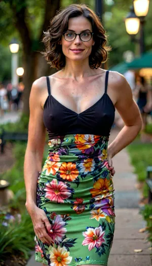 Perfect award-winning photo of a gorgeous Boston MILF in a summer dress standing in a colorful Boston park at night, upper body in view, detailed background, Uber realistic, perfect illumination, (best shadow), 8K, UHD, sharp image, fine detail, (slender with big large naturally sagging breasts), busty, great boobs, bright green eyes, (smooth unwrinkled clothes), (short black hair with white streaks in tight ringlets), (highly detailed face), (beautiful, blushing, pale skin), high forehead, slender eyebrows, thin lips, light makeup, pixieish smile, glasses, large areolae with puffy nipples under the dress. Show vivid detail of city around her., but, braless, Wearing, clothes, that, make, sense, with, Braless>, large, breasts, big, boobs, huge, tits, <lora:add-detail-xl:2>, <lora:BUT_SDXL_SHS:.3>, <lora:bralessSDXL_v1_00022:1.5>, <lora:style_lora_realis:2>, <lora:bombshell_v2:.2>
