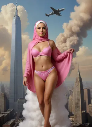 (TITLE TEXT "VIRGIN No.72":1.8), (movie poster:1.2), (huge letters, movie title text:1.2), (Muslim woman, brown skin:1.3), (Arab woman:1.1), (brown skin:1.3), (religious hijab:1.3), wet sweaty body, big text on poster, sweaty body, ((string bikini bottom)), sideview, (((tight uniform 50's))), (((pin up 1940's))), (explosion on World Trade Center:1.1), (1950's movie poster:1.2), (huge title text, movie poster:1.5), (big text on poster:1.5), (1950's movie poster:1.4), (1940's pin up girl), (Muslim girl in hijab sitting on a cloud in the sky:1.2), (hijab:1.5), (Arab girl in underwear:1.2), (skyline in background:1.3), (explosion on high building:1.3), (airplane crashing into World Trade Center:1.3), (September 11 attacks:1.2), (9/11 September twin tower attack:1.2), (airplanes crashing in high building:1.1), (she is wearing a pink hijab), Photography, photorealism, tall, beautiful perfect figure, Knee-high boots, perfect tall legs, charming eyes, sad yet gracious face, dark background, fantasy art capturing the style of Aaron Horkey, Jeremy Mann and Luis Royo, body-focused composition from a low angle, alluring figure, dark fantasy, dynamic composition, warm hues, showcases acrylic calligraphy, watercolor techniques integrated seamlessly into a maximalist masterpiece, detailed with gouache fluidity, golden hour light, hyperrealism, hypperrealistic, hyperdetailed, 64k, ultraHDR, Movie, Poster, page, panties, pulled, to, side, pussy, shaved, logo, text, sign, that, says, the, word, <lora:Movie Poster:.5>, <lora:Pussy_pants_nohands_D03_realvizXL2_bucket_01-000010:.5>, <lora:texta:1>