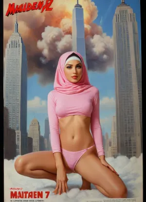 (TITLE TEXT "MAIDEN No.72":1.8), (movie poster:1.2), (huge letters, movie title text:1.2), (Muslim woman, brown skin:1.3), (Arab woman:1.1), (brown skin:1.3), (religious hijab:1.3), wet sweaty body, big text on poster, sweaty body, ((string bikini bottom)), sideview, (((tight uniform 50's))), (((pin up 1940's))), (explosion on World Trade Center:1.1), (1950's movie poster:1.2), (huge title text, movie poster:1.5), (big text on poster:1.5), (1950's movie poster:1.4), (1940's pin up girl), (Muslim girl in hijab sitting on a cloud in the sky:1.2), (hijab:1.5), (Arab girl in underwear:1.2), (skyline in background:1.3), (explosion on high building:1.3), (airplane crashing into World Trade Center:1.3), (September 11 attacks:1.2), (9/11 September twin tower attack:1.2), (airplanes crashing in high building:1.1), (she is wearing a pink hijab), Photography, photorealism, tall, beautiful perfect figure, Knee-high boots, perfect tall legs, charming eyes, sad yet gracious face, dark background, fantasy art capturing the style of Aaron Horkey, Jeremy Mann and Luis Royo, body-focused composition from a low angle, alluring figure, dark fantasy, dynamic composition, warm hues, showcases acrylic calligraphy, watercolor techniques integrated seamlessly into a maximalist masterpiece, detailed with gouache fluidity, golden hour light, hyperrealism, hypperrealistic, hyperdetailed, 64k, ultraHDR, Movie, Poster, page, panties, pulled, to, side, pussy, shaved, logo, text, sign, that, says, the, word, <lora:Movie Poster:.5>, <lora:Pussy_pants_nohands_D03_realvizXL2_bucket_01-000010:.5>, <lora:texta:1>