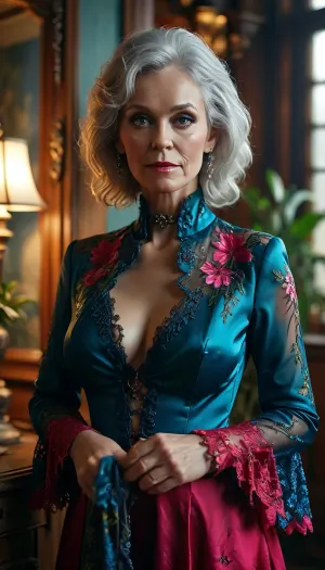 (mature:1.6), (gilf:1.6), solid, majestic, The image shows a well-dressed old woman with a confident yet seductive expression, looking directly at the camera. She is wearing the most beautiful vibrant-colored evening gown suit — a blazer and matching skirt — with bright color glossy high-neck top underneath. Saggy. Her long hair is neatly tied back, and her makeup is natural and subtle. Black lace stockings. The background appears to be an elegant indoor setting, likely an office or hotel, with plants and wooden doors visible. The overall impression is minimalist, simplified, young, professional, refined, and sophisticated., Transparent, Hologram, Woman, Holographic, Projection, <lora:MJ52:.8>, <lora:Midjourney Image Enhancer XL v1:.8>, <lora:Transparent_Hologram_Woman_epoch-3-resized:.8>