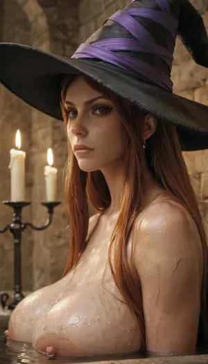masterpiece, best quality, high resolution, hires, score_9, score_8_up, score_7_up, score_6_up, (Sorceress from Dragon's Crown:1.4), solo, side view, close up, hat, ((massive breasts)), looking at viewer, annoyed horny expression, annoyed, candles, candlelight, dimly lit by candles, night, detailed, fantasy, being extra slutty after a long bath, wet and super seductive
